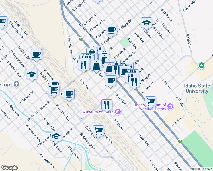 map of restaurants, bars, coffee shops, grocery stores, and more near 330 East Benton Street in Pocatello