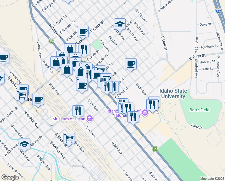 map of restaurants, bars, coffee shops, grocery stores, and more near 628 South 5th Avenue in Pocatello