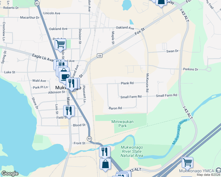 map of restaurants, bars, coffee shops, grocery stores, and more near 120 Baron Road in Mukwonago