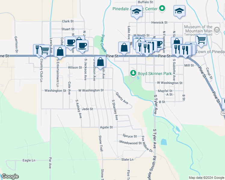 map of restaurants, bars, coffee shops, grocery stores, and more near 353 West Washington Street in Pinedale
