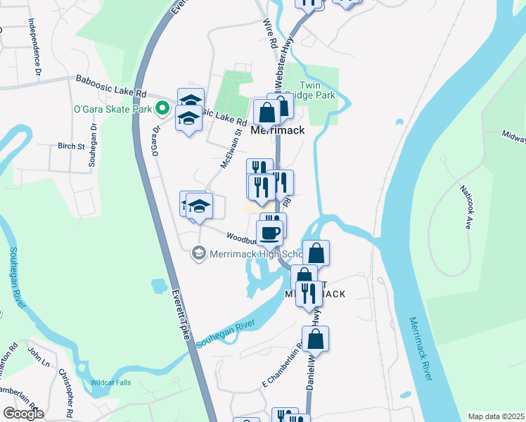map of restaurants, bars, coffee shops, grocery stores, and more near 454 Daniel Webster Highway in Merrimack