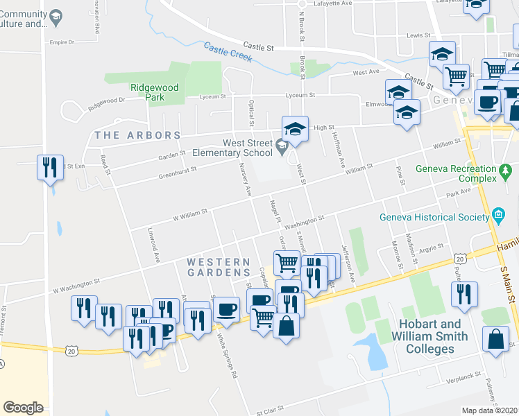 map of restaurants, bars, coffee shops, grocery stores, and more near 229 Nursery Avenue in Geneva