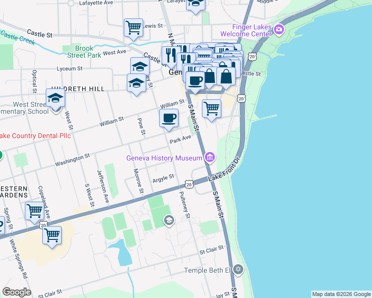 map of restaurants, bars, coffee shops, grocery stores, and more near 520 South Main Street in Geneva