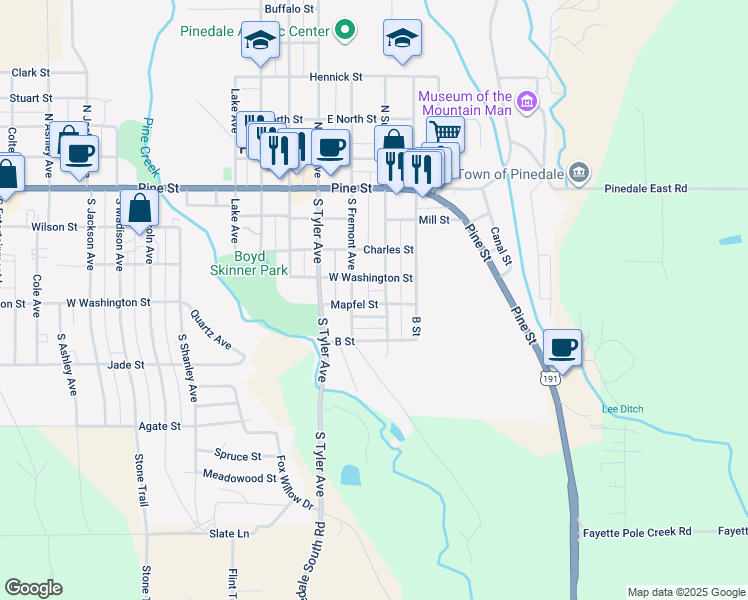map of restaurants, bars, coffee shops, grocery stores, and more near 152 A Street in Pinedale