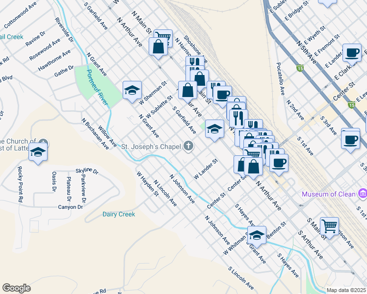 map of restaurants, bars, coffee shops, grocery stores, and more near 453 North Grant Avenue in Pocatello