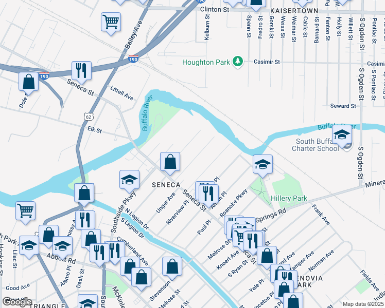 map of restaurants, bars, coffee shops, grocery stores, and more near 57 Juniata Place in Buffalo