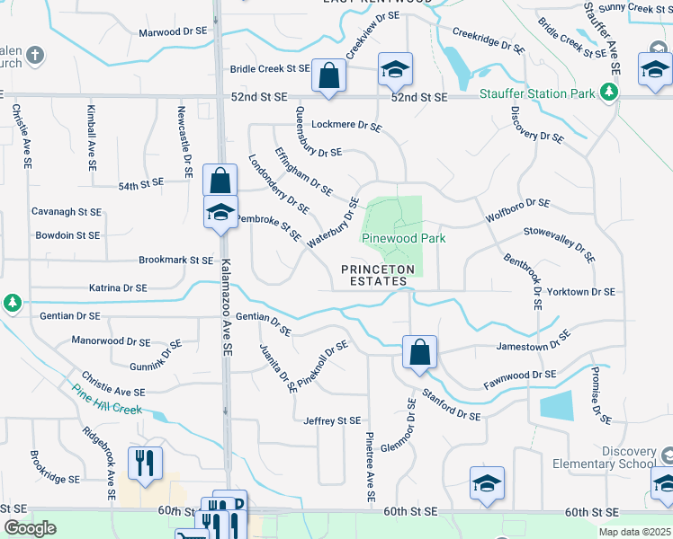map of restaurants, bars, coffee shops, grocery stores, and more near 1840 Pembroke Street Southeast in Kentwood