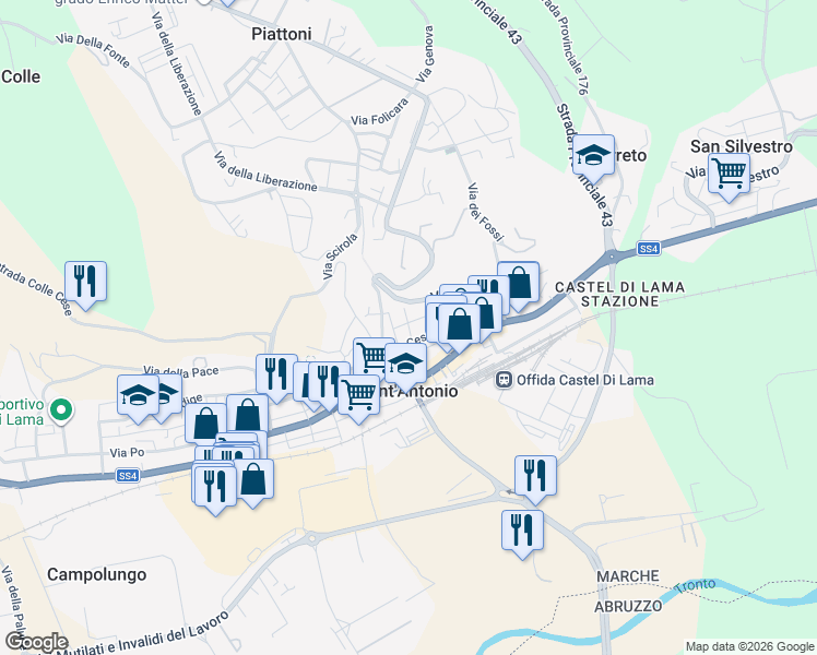 map of restaurants, bars, coffee shops, grocery stores, and more near 15 Via Giuseppe Garibaldi in Piattoni-Villa Sant'Antonio