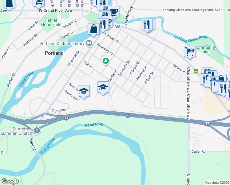 map of restaurants, bars, coffee shops, grocery stores, and more near 600 Okemos Road in Portland