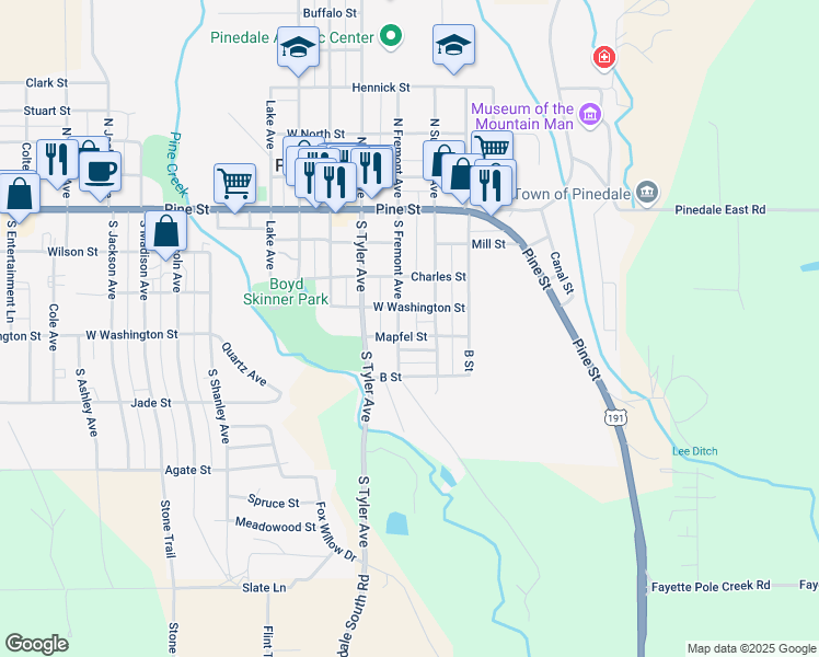 map of restaurants, bars, coffee shops, grocery stores, and more near 400 South Fremont Avenue in Pinedale