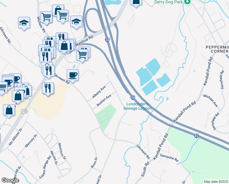 map of restaurants, bars, coffee shops, grocery stores, and more near 10 Boston Avenue in Londonderry