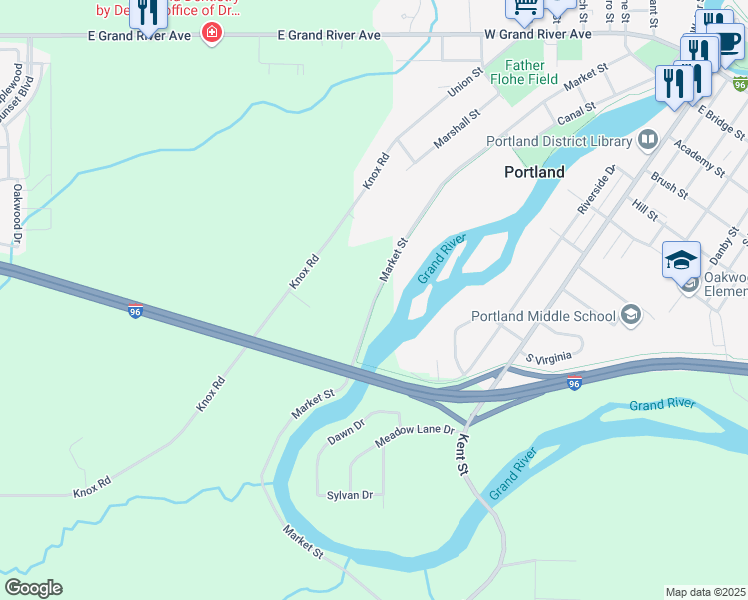 map of restaurants, bars, coffee shops, grocery stores, and more near 7168 Market Street in Portland