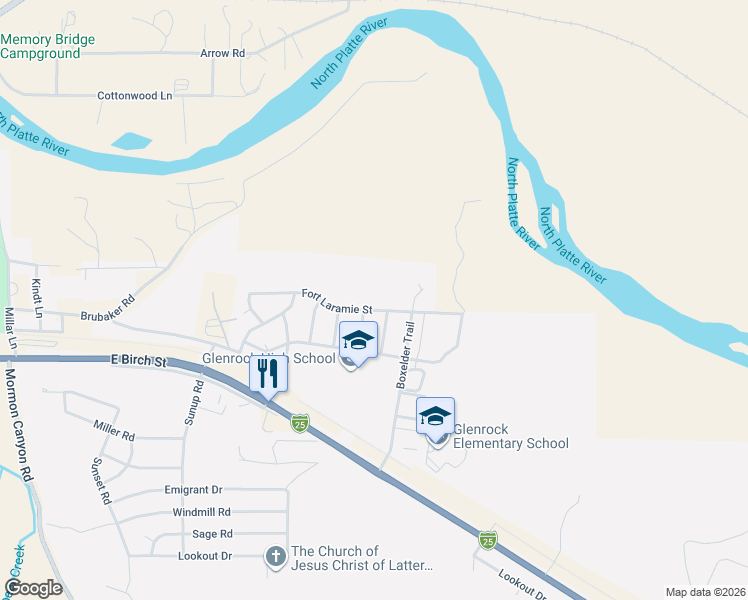 map of restaurants, bars, coffee shops, grocery stores, and more near 213 Overland Trail in Glenrock