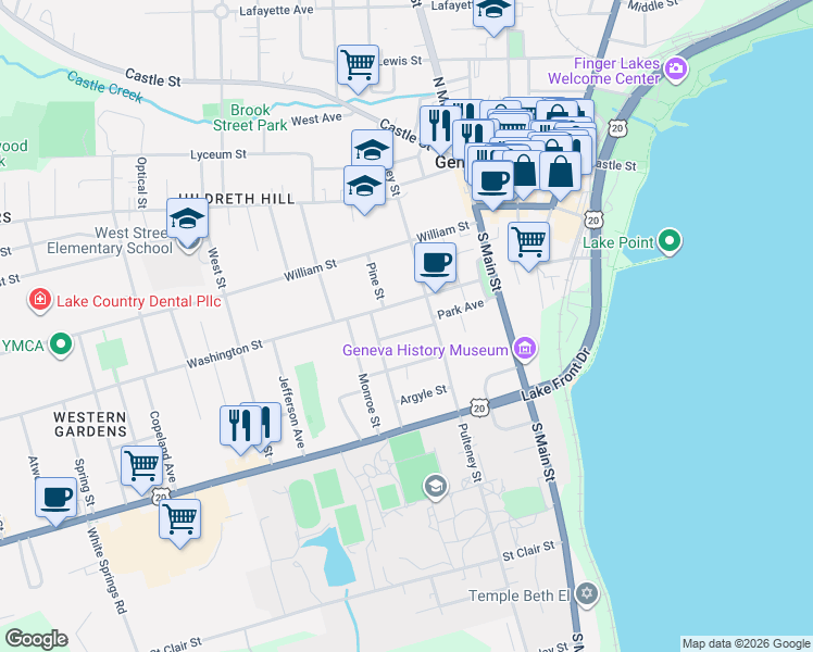 map of restaurants, bars, coffee shops, grocery stores, and more near 22 Cortland Street in Geneva