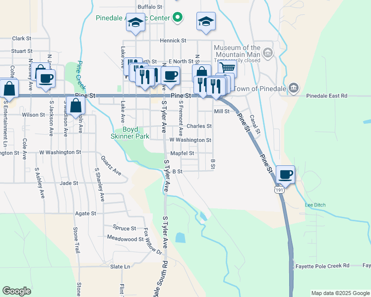 map of restaurants, bars, coffee shops, grocery stores, and more near 53 West Washington Street in Pinedale