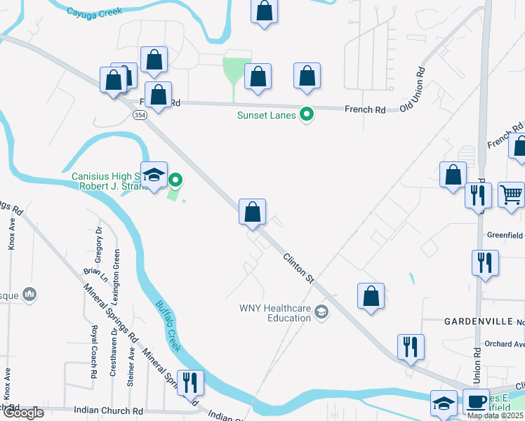 map of restaurants, bars, coffee shops, grocery stores, and more near 3020 Clinton Street in West Seneca