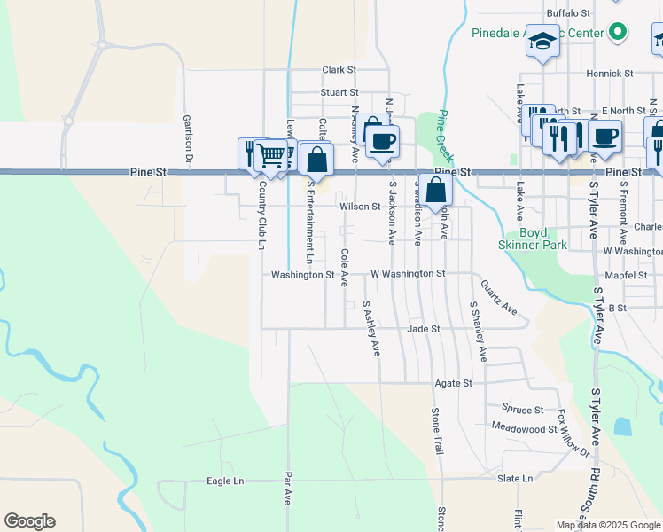 map of restaurants, bars, coffee shops, grocery stores, and more near 220 Cole Avenue in Pinedale