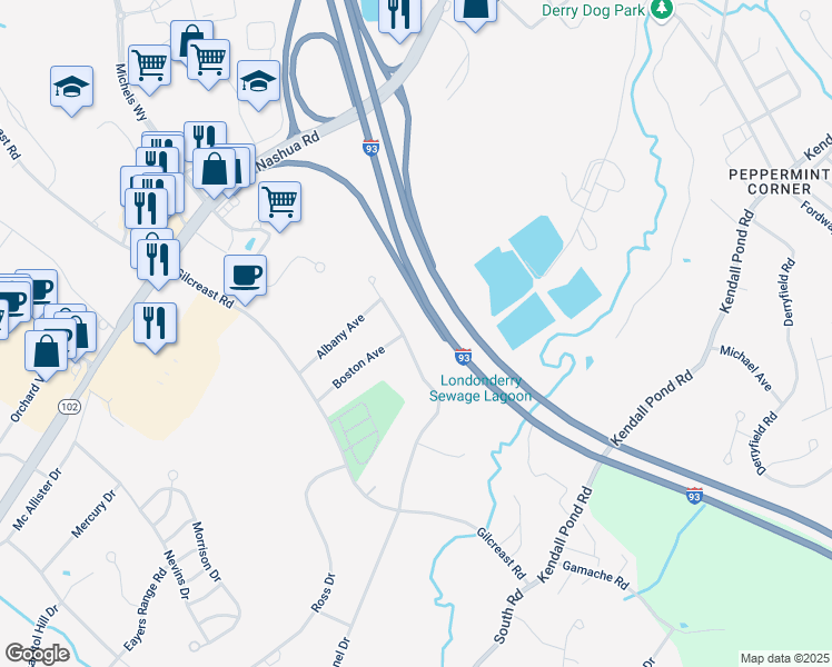 map of restaurants, bars, coffee shops, grocery stores, and more near 13 Charleston Avenue in Londonderry