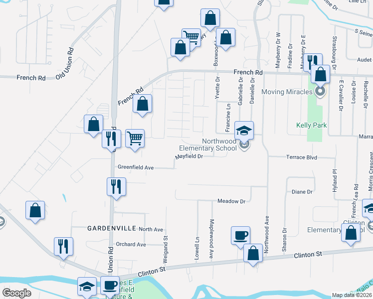 map of restaurants, bars, coffee shops, grocery stores, and more near 145 Garden Village Drive in Cheektowaga