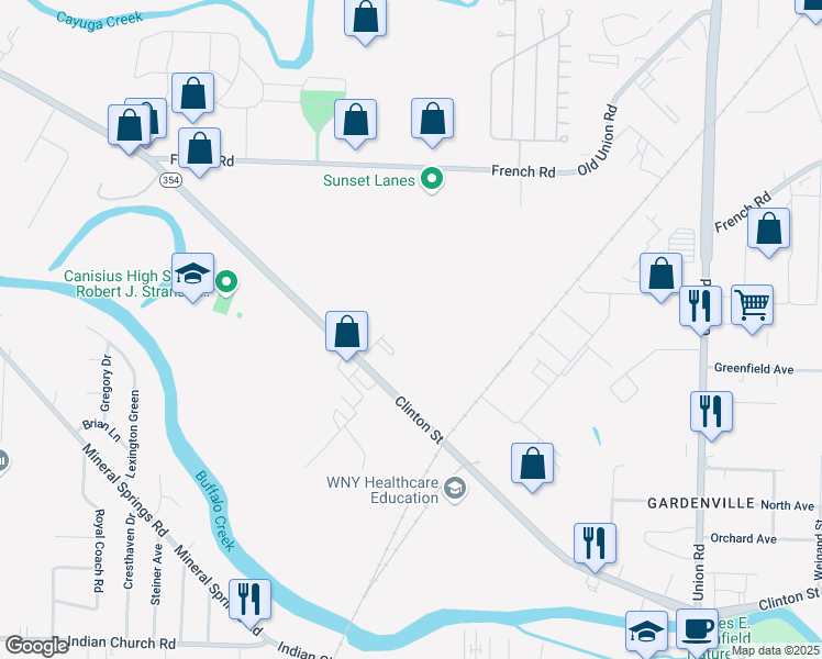 map of restaurants, bars, coffee shops, grocery stores, and more near 3020 Clinton St in Buffalo