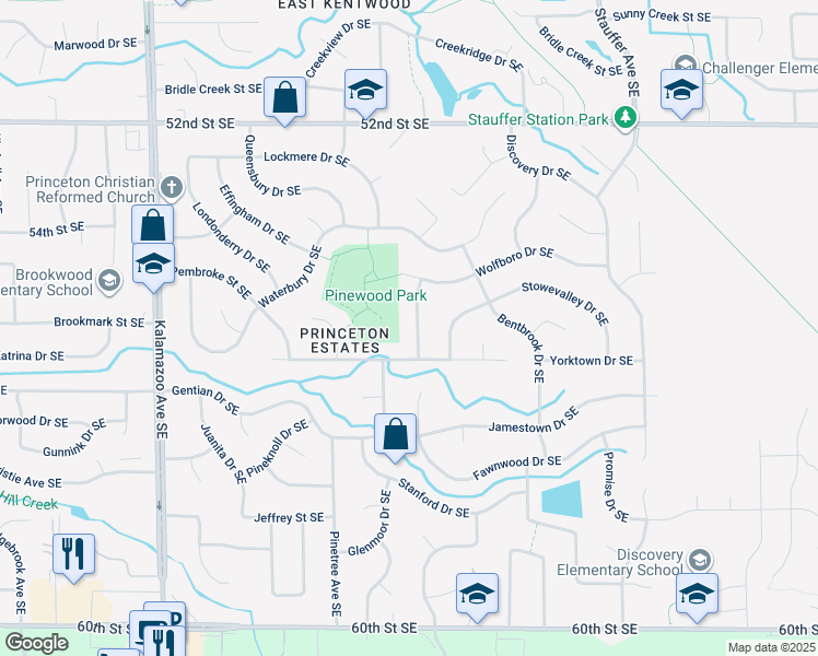 map of restaurants, bars, coffee shops, grocery stores, and more near 5481 Brattleboro Drive Southeast in Kentwood