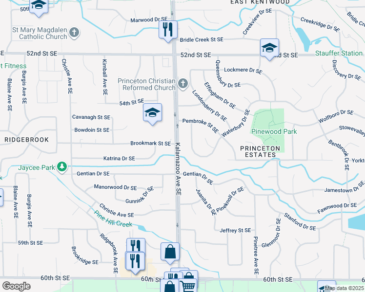 map of restaurants, bars, coffee shops, grocery stores, and more near 5496 Kalamazoo Avenue Southeast in Kentwood