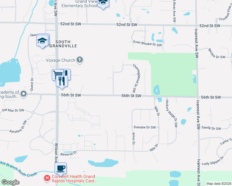 map of restaurants, bars, coffee shops, grocery stores, and more near 3615 56th Street Southwest in Wyoming