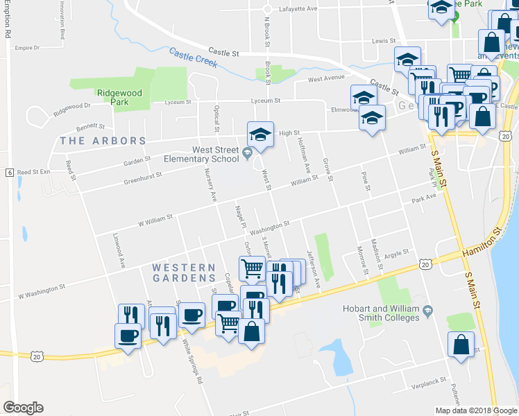 map of restaurants, bars, coffee shops, grocery stores, and more near 17 North Morrell Avenue in Geneva
