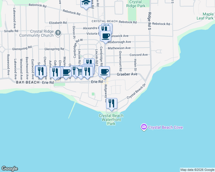 map of restaurants, bars, coffee shops, grocery stores, and more near 3878 Erie Road in Fort Erie
