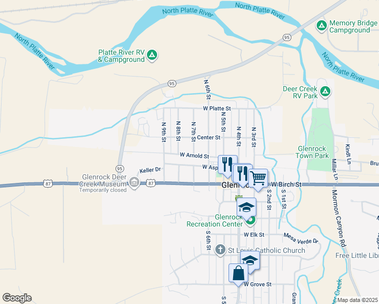 map of restaurants, bars, coffee shops, grocery stores, and more near 115-199 North 7th Street in Glenrock