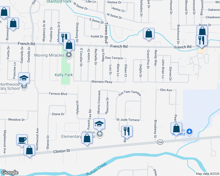 map of restaurants, bars, coffee shops, grocery stores, and more near 261 Marrano Parkway in Cheektowaga
