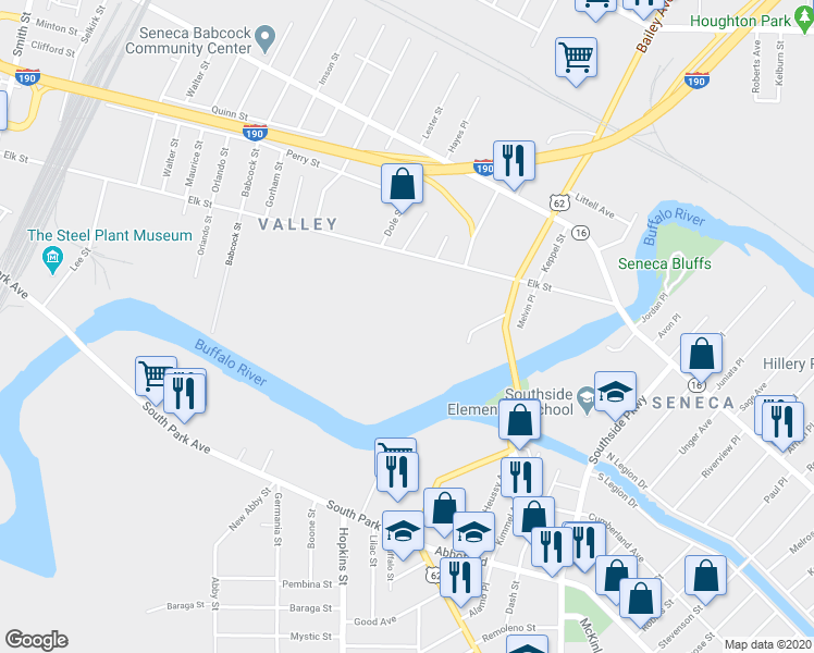 map of restaurants, bars, coffee shops, grocery stores, and more near 703 Elk St in Buffalo