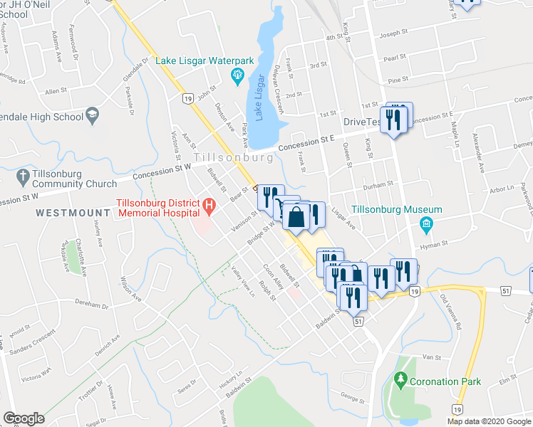 map of restaurants, bars, coffee shops, grocery stores, and more near 261 Broadway in Tillsonburg