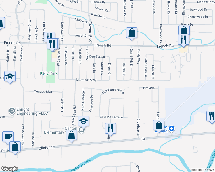 map of restaurants, bars, coffee shops, grocery stores, and more near 293 Marrano Parkway in Buffalo