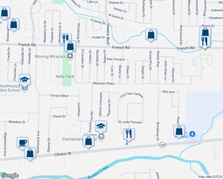 map of restaurants, bars, coffee shops, grocery stores, and more near 261 Marrano Parkway in Cheektowaga