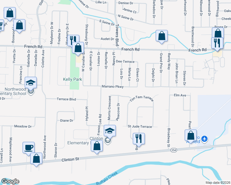map of restaurants, bars, coffee shops, grocery stores, and more near 237 Marrano Parkway in Cheektowaga