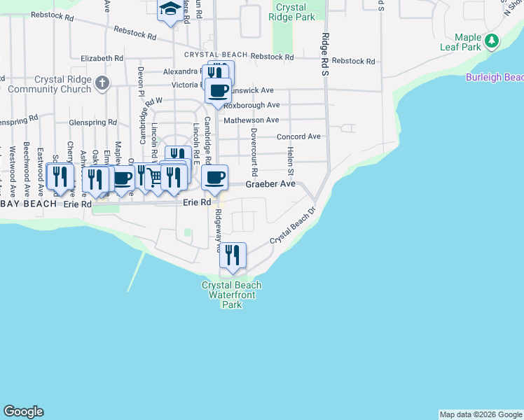 map of restaurants, bars, coffee shops, grocery stores, and more near 3817 Ryan Avenue in Fort Erie