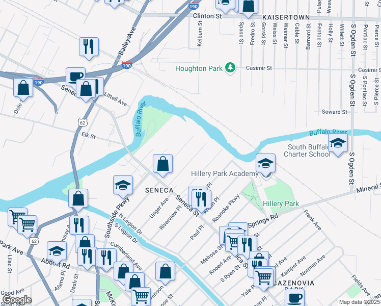 map of restaurants, bars, coffee shops, grocery stores, and more near 99 Avondale Place in Buffalo