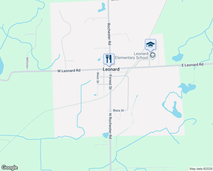 map of restaurants, bars, coffee shops, grocery stores, and more near 30 East Leonard Road in Leonard
