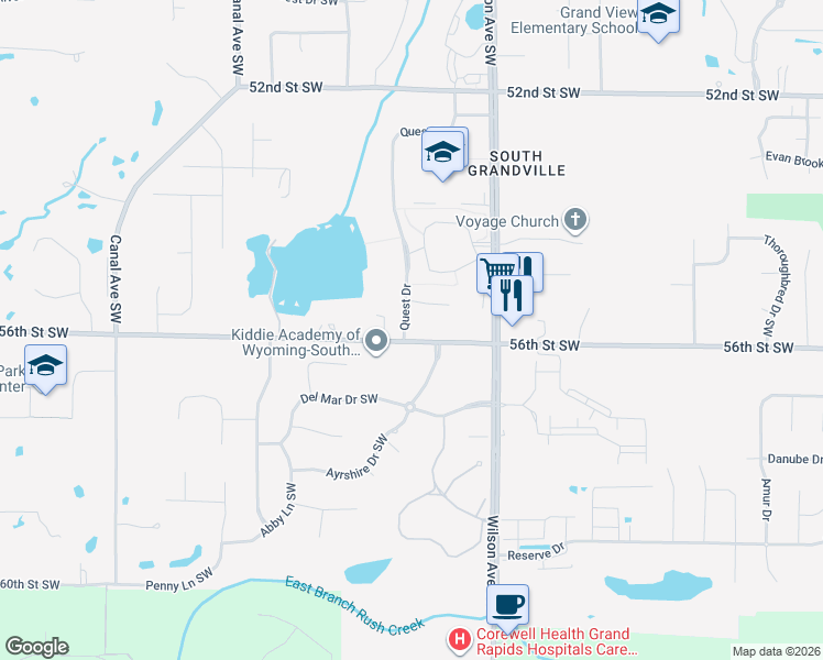 map of restaurants, bars, coffee shops, grocery stores, and more near 5554 Quest Drive in Wyoming