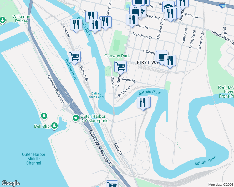 map of restaurants, bars, coffee shops, grocery stores, and more near 71 Louisiana Street in Buffalo