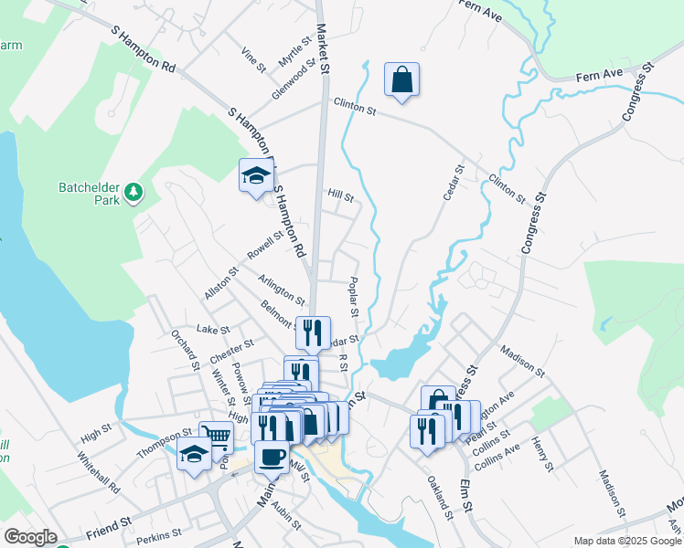 map of restaurants, bars, coffee shops, grocery stores, and more near 3 Pine Street in Amesbury