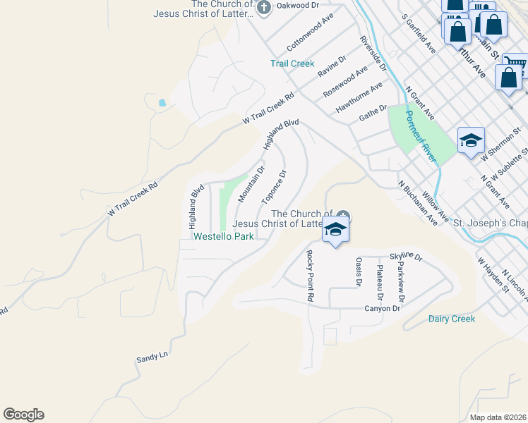 map of restaurants, bars, coffee shops, grocery stores, and more near 130 Toponce Drive in Pocatello