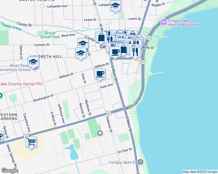 map of restaurants, bars, coffee shops, grocery stores, and more near 101 Washington Street in Geneva