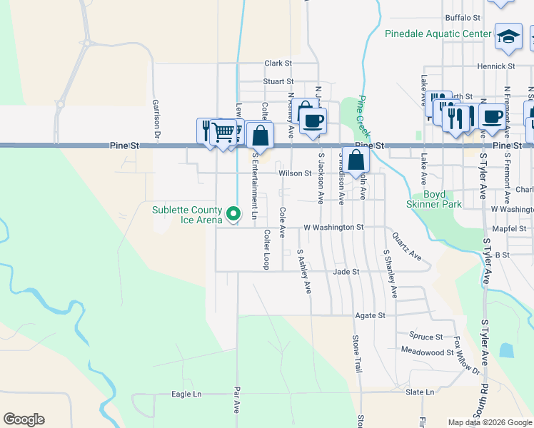 map of restaurants, bars, coffee shops, grocery stores, and more near 205 South Entertainment Lane in Pinedale