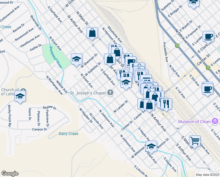 map of restaurants, bars, coffee shops, grocery stores, and more near 519 North Garfield Avenue in Pocatello
