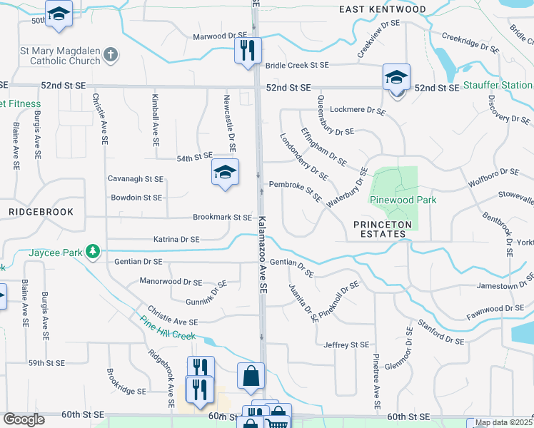 map of restaurants, bars, coffee shops, grocery stores, and more near 5496 Kalamazoo Avenue Southeast in Kentwood