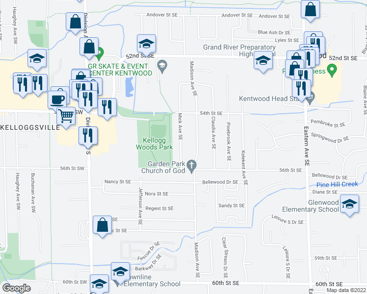 map of restaurants, bars, coffee shops, grocery stores, and more near 5514 Mick Avenue Southeast in Kentwood