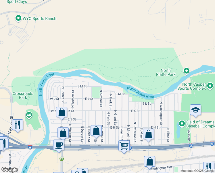 map of restaurants, bars, coffee shops, grocery stores, and more near 600 East M Street in Casper