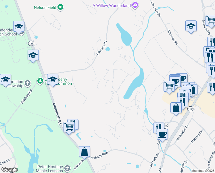 map of restaurants, bars, coffee shops, grocery stores, and more near 210 Winding Pond Road in Londonderry